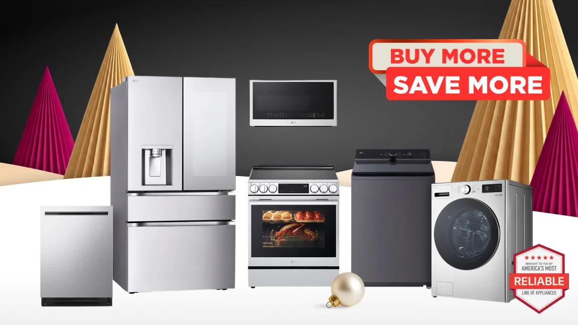 Black Friday Savings -- BUY MORE SAVE MORE -- LG refrigerator, dishwasher, over-the-range microwave, electric range, top-load washer, and front-load washer/dryer displayed against a holiday backdrop with decorative trees and ornament, with brought to you by America's Most Reliable Line of Appliances badge