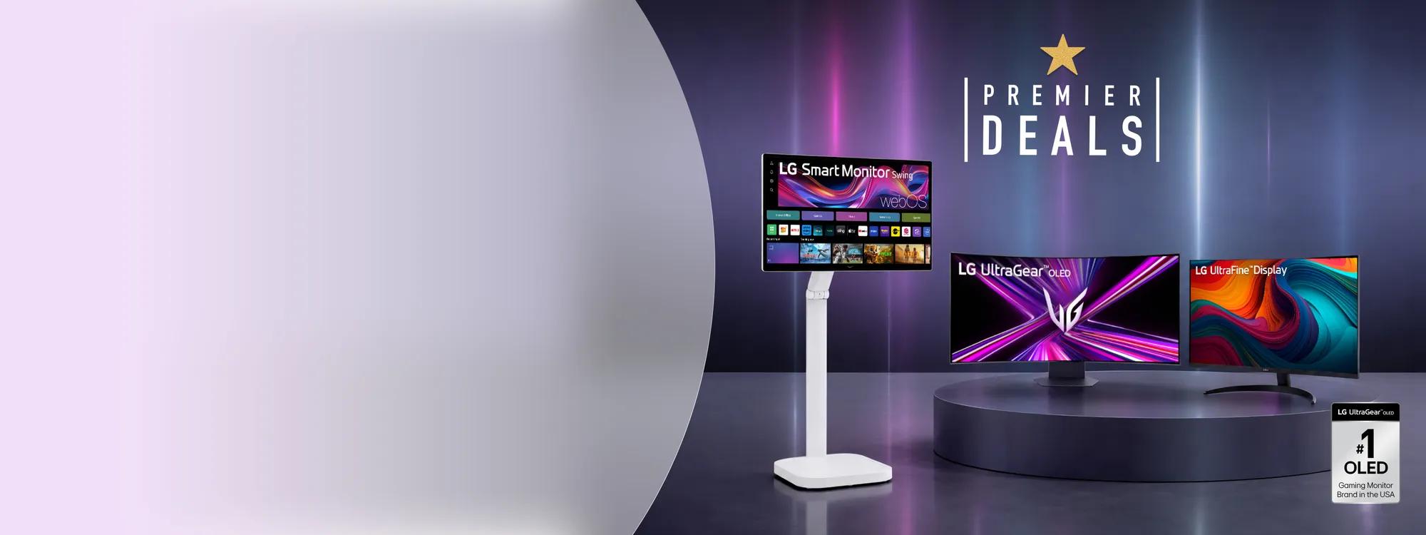 Premier Deals -- LG Smart Monitor Swing with webOS on adjustable stand, LG UltraGear OLED curved gaming monitor on display podium, and LG UltraFine Display monitor, with LG UltraGear OLED #1 OLED Gaming Monitor Brand in the USA badge