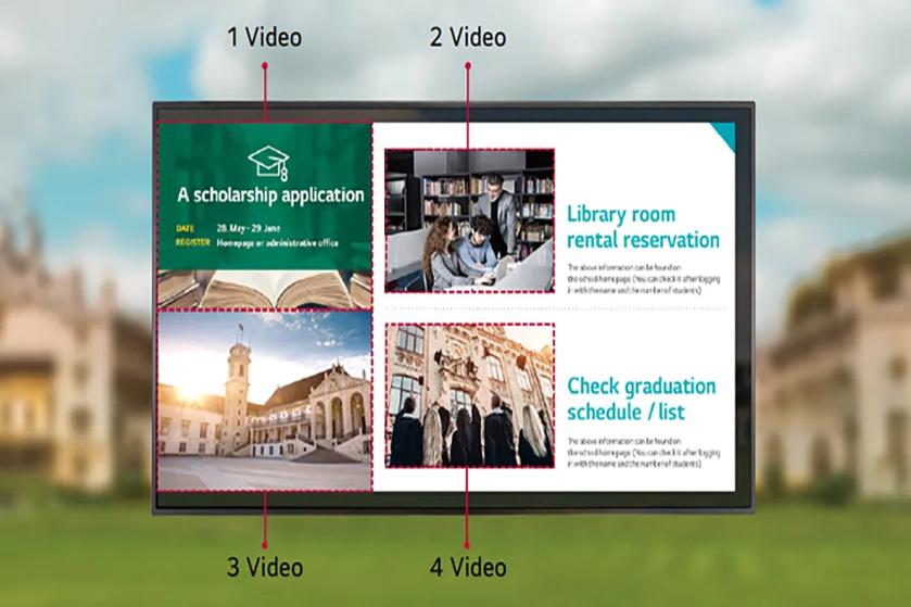 A digital display with sections for scholarship applications, library reservations, university buildings, and graduation schedules.