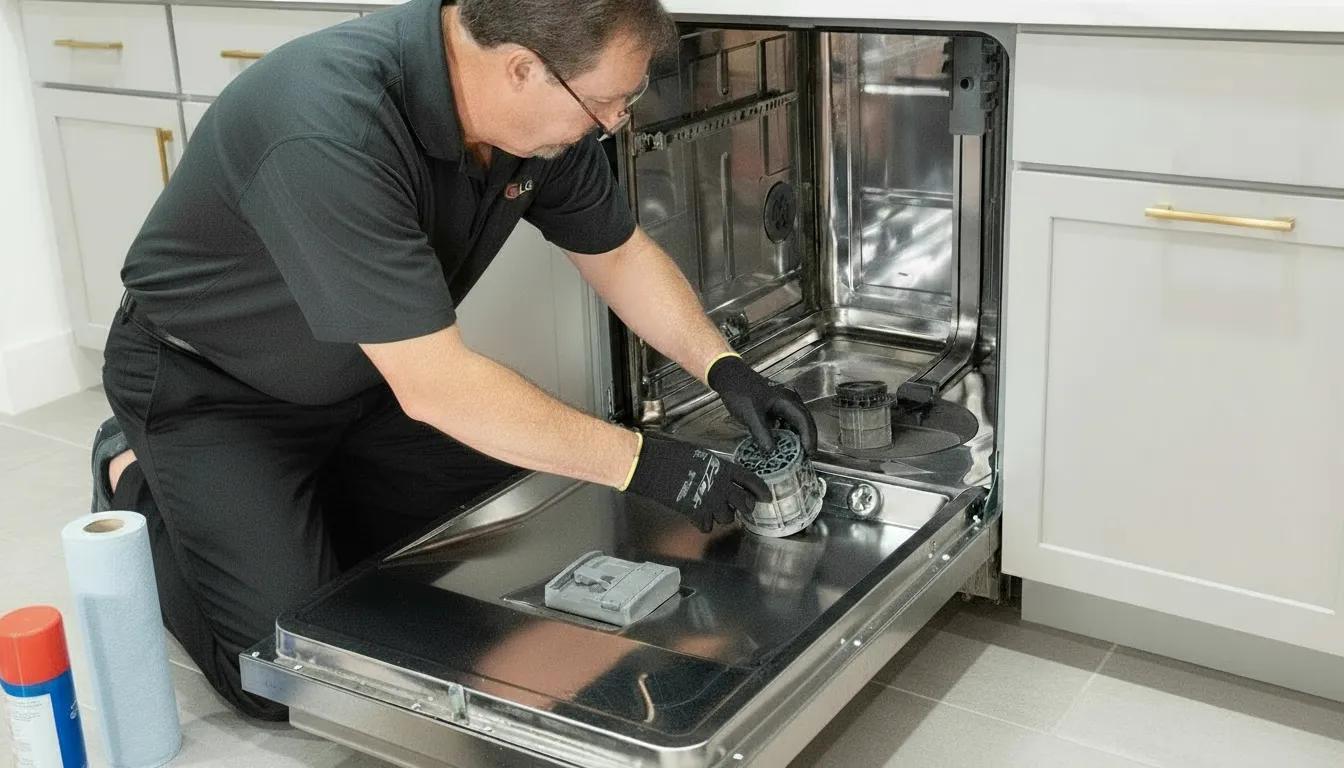 A technician wearing a black LG polo shirt inspecting and cleaning the filter assembly at the bottom of an open LG dishwasher.