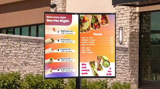 LG Drive Through digital signage outside of a restaurant drive through, featuring bright menu for a Mexican food quick serve restaurant.
