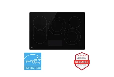 A top-down image of an LG CBEW3017BE electric cooktop next to a red 'Brought to you by American's Most Reliable Line of Appliances' badge and a blue 'ENERGY STAR® certified' badge.