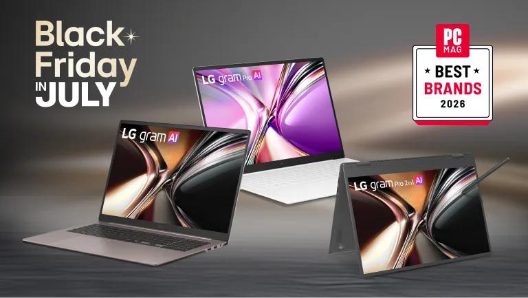 Black Friday in July -- LG gram AI laptop, LG gram Pro AI laptop, and LG gram Pro 2in1 AI laptop displayed together, with PC Mag Best Brands 2026 badge