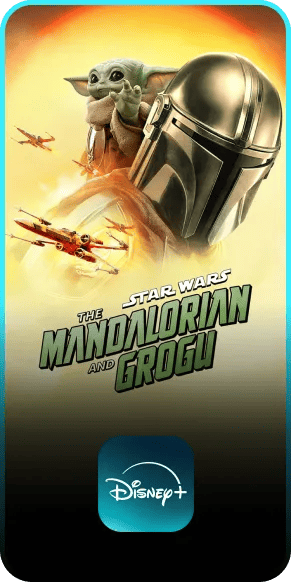 Star Wars The Mandalorian and Grogu movie poster displayed on an LG TV screen with Disney+ app logo.