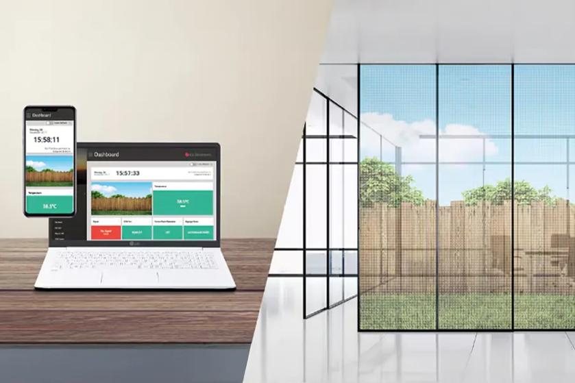 A split image of a digital dashboard on a laptop and smartphone on the left, and a modern office with a glass wall overlooking a garden on the right.