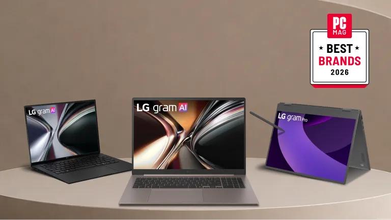 Three LG laptops—two LG gram AI models and one LG gram Pro 2-in-1 with a stylus—displayed on a neutral-toned pedestal alongside a PC Mag Best Brands 2026 badge