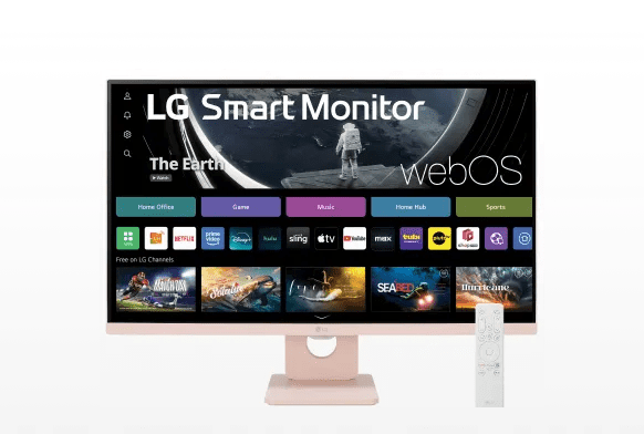 LG Smart Monitor 27SR50F-P on white background with remote displays webOS interface.