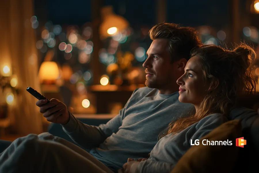 Couple sitting on a couch at night watching TV together in a cozy, warmly lit living room with city lights visible through the window. The LG Channels logo is in the corner.