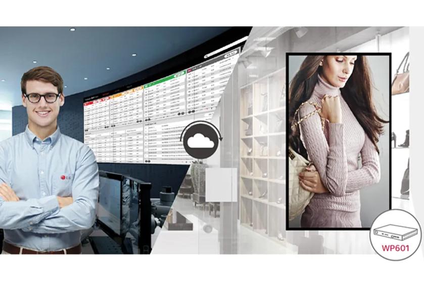 An LG technician stands near a video wall displaying monitoring software. Beside this image is an image of a signage display in a retail store.