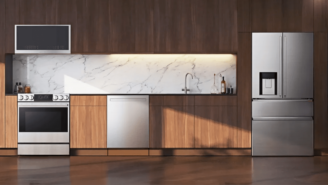 Various LG SIGNATURE appliances appear in various home settings. 