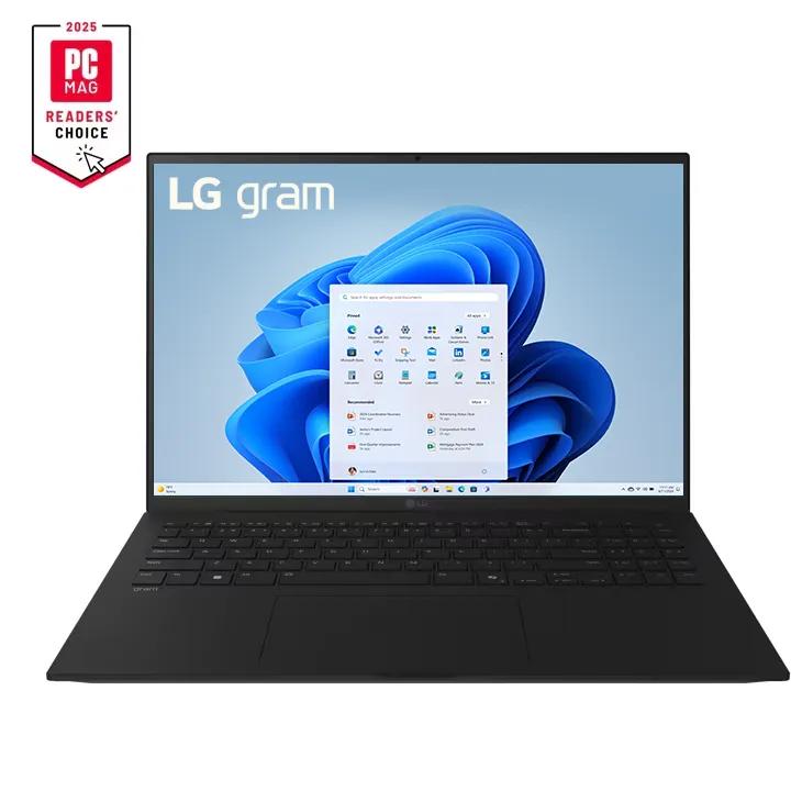 Front view of black LG Gram laptop with green display and 2025 PC Editor's Choice badge.