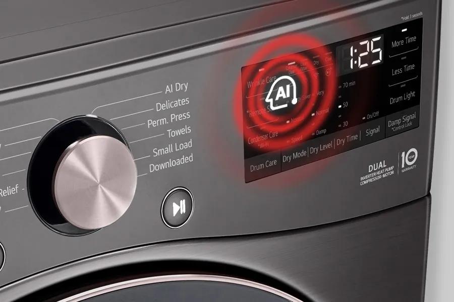 
"Hold 3 seconds
Al Dry Delicates
Perm. Press Towels
Wrinkle Care
C
Dry Dear Fiter
Cool
1:25
More Time
AI
Remote S
by Saver Very
-70 min
Less Time
Relief.
Small Load
Normal Normal
50
Downloaded
Condenser Care "Wi-Fi
Drum Light
Speed
Damp
-30
-On/Off
ᄎ
Drum Care Dry Mode/Dry Level/Dry Time / Signal Damp Signal
"Control Lock
DUAL
INVERTER HEAT PUMP COMPRESSOR MOTOR
10
YEAR
WARRANTY