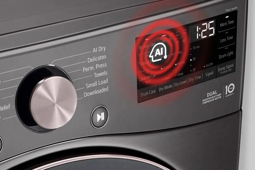 
"Hold 3 seconds
Al Dry Delicates
Perm. Press Towels
Wrinkle Care
C
Dry Dear Fiter
Cool
1:25
More Time
AI
Remote S
by Saver Very
-70 min
Less Time
Relief.
Small Load
Normal Normal
50
Downloaded
Condenser Care "Wi-Fi
Drum Light
Speed
Damp
-30
-On/Off
ᄎ
Drum Care Dry Mode/Dry Level/Dry Time / Signal Damp Signal
"Control Lock
DUAL
INVERTER HEAT PUMP COMPRESSOR MOTOR
10
YEAR
WARRANTY