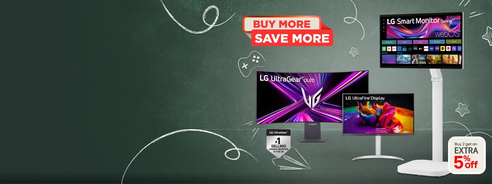 LG monitors Back to School Buy More Save More promotion featuring LG UltraGear OLED curved gaming monitor, LG UltraFine Display monitor, and LG Smart Monitor Swing with webOS, with LG UltraGear #1 Selling Gaming Monitor in the US badge, and Buy 2 get an EXTRA 5% off offer.