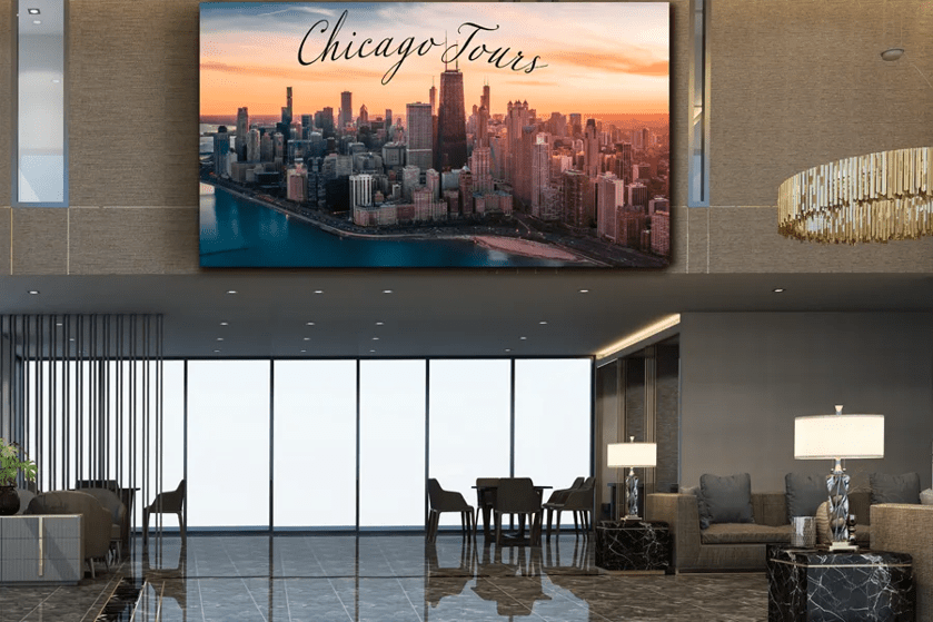 Modern interior with a large cityscape display and elegant furnishings.