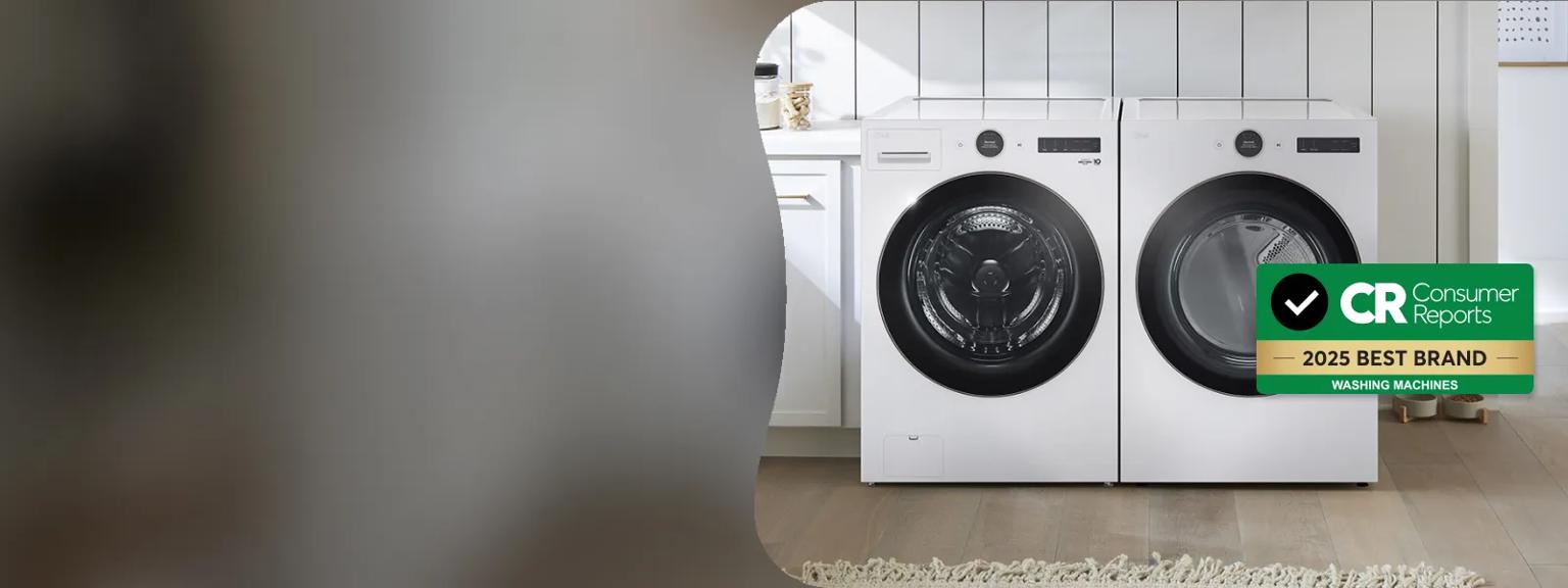 An LG front load washer and dryer in a laundry room. A Consumer Reports badge says “2025 Best Brand Washing Machines.”