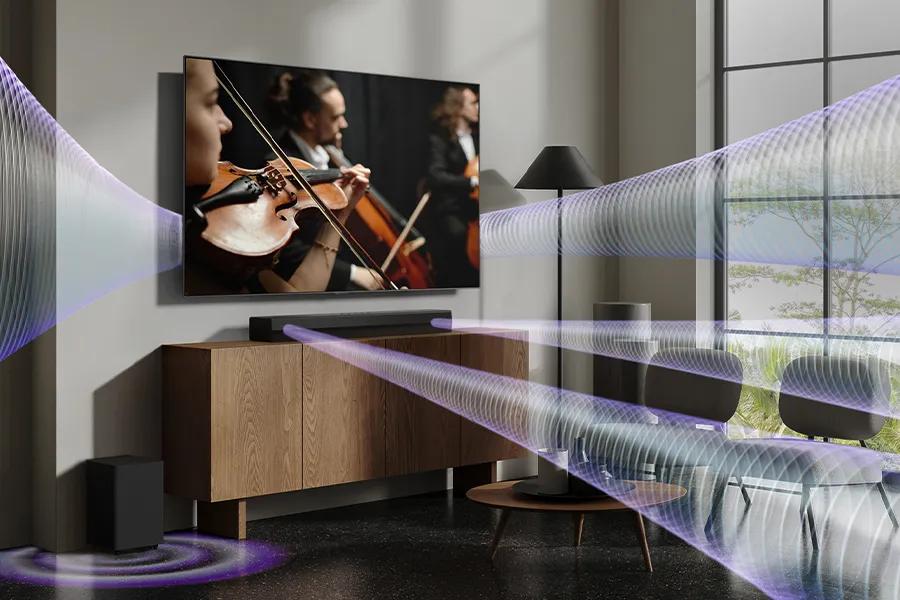 Image of the S35A Soundbar and subwoofer with waves showing blasting out.