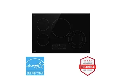 A top-down image of an LG CBEW3013BE electric cooktop next to a red 'Brought to you by American's Most Reliable Line of Appliances' badge and a blue 'ENERGY STAR® certified' badge.