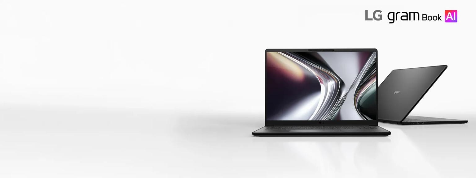 Two dark gray LG gram Book AI laptops on a white background, one open facing forward with an abstract display and one angled showing the back.