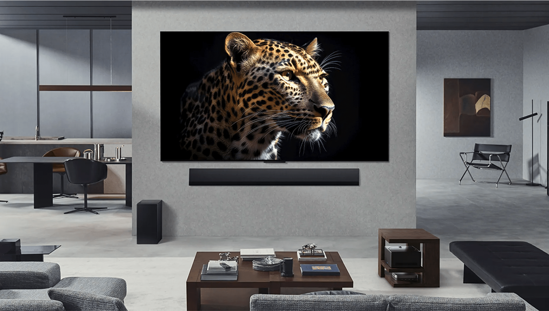 Neat and clutter-free modern living room with LG TV showing a close up of a leopard.