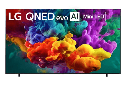 Vivid cloud of swirling colors on an LG QNED evo AI 84B screen.