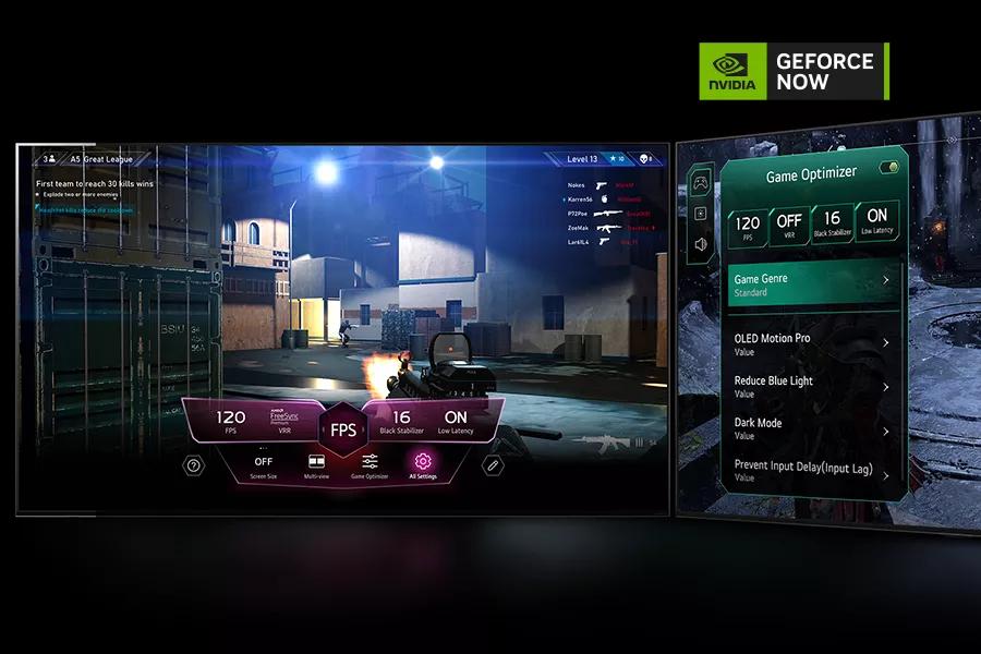 Still of a first-person shooter game with the LG Game Optimizer interface pulled up to the side and GeForce Now logo. 