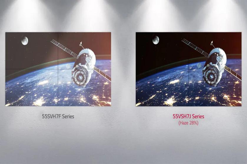 The image showcases two side-by-side wall-mounted video display panels, each depicting a view of Earth from space. Both panels feature scenes with Earth's curvature visible against a dark space background, highlighted by distant lights suggesting cities at night. A satellite is prominent in the foreground on both panels, with a visible antenna extending diagonally upwards. The left panel is labeled "55SVH7F Series" and has a slightly dimmer, less vibrant appearance compared to the right panel, which is labeled "55VSH7J Series (Haze 28%)" and shows a clearer, sharper image with increased brightness and contrast. The panels are displayed as part of a comparison demonstration, with three spotlights illuminating them from above.