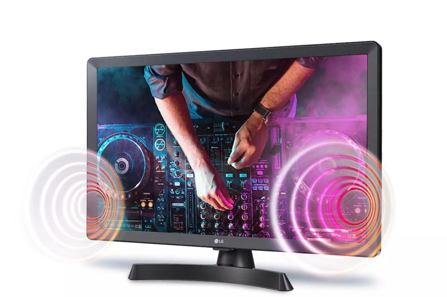 Image of 24LM530S monitor and graphic with emanating sound waves