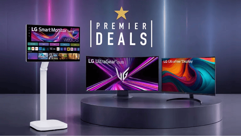 Monitor Premier Deals -- LG Smart Monitor Swing with webOS, LG UltraGear OLED Monitor, and LG UltraFine Display on display podium
