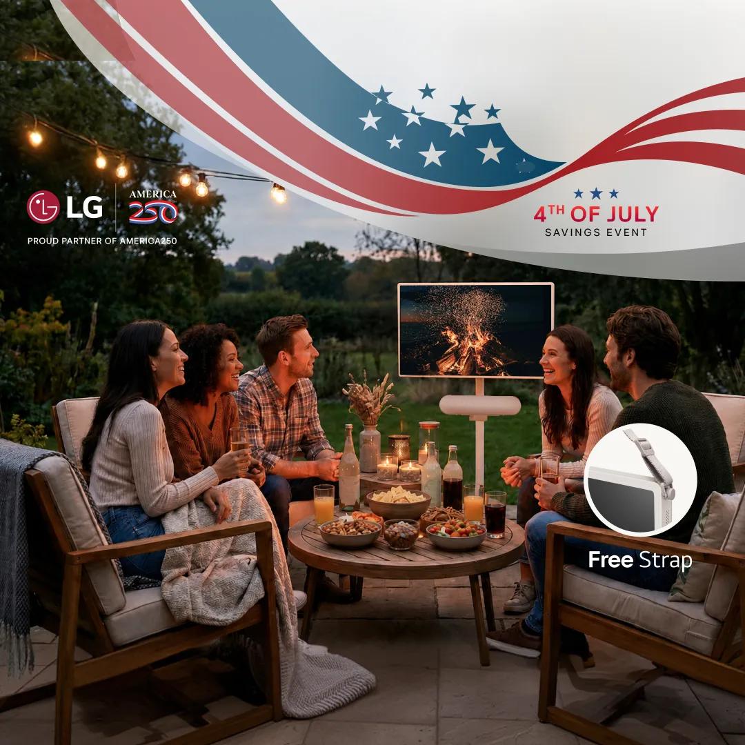 “4th of July Savings Event” title. “LG + America250: Proud Partner of America250” badge. AStanbyME 2 Smart Portable Touch Screen appears on a stars and stripes background. Text “Free Strap” appears beside it. 