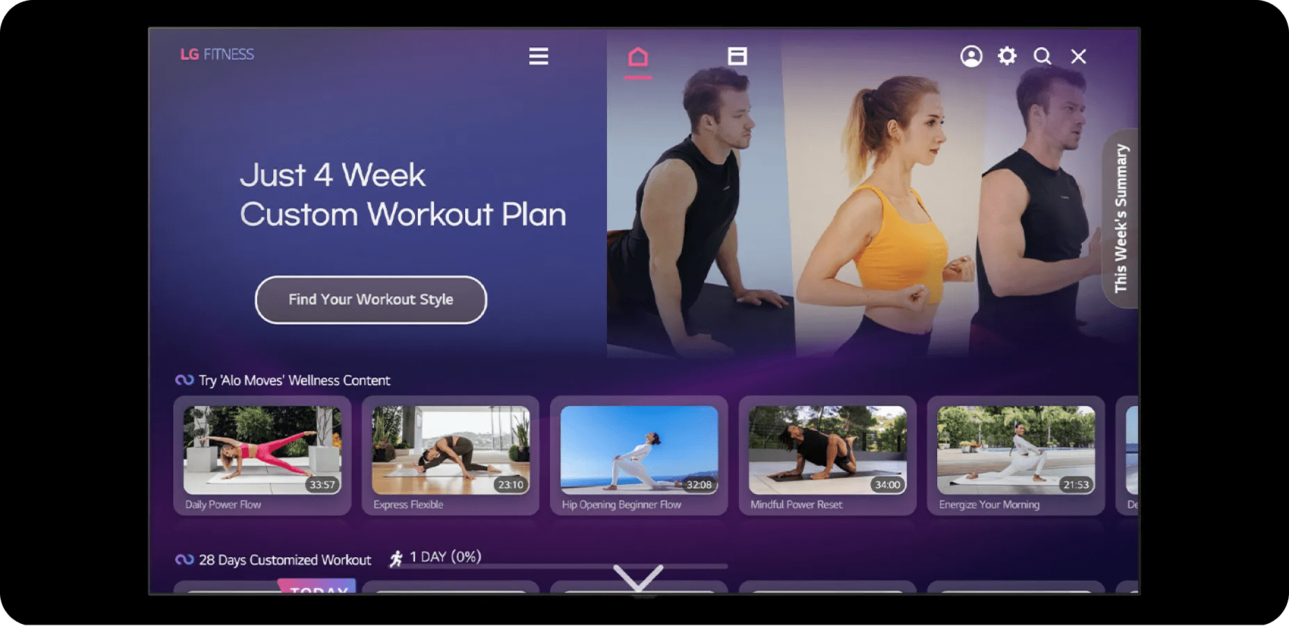 LG Fitness interface on TV showing a 4-week custom workout plan, with options for different exercise videos such as daily flows, stretches, and strength training.