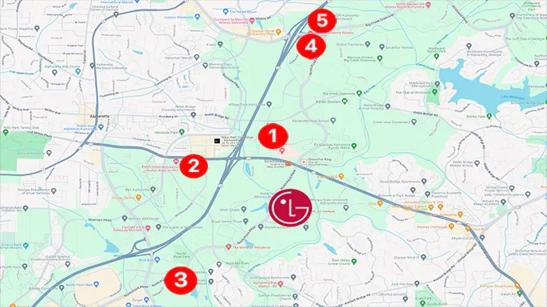 Map indicating the locations of nearby hotels, as well as the location of the LG Atlanta Business Innovation Center.
