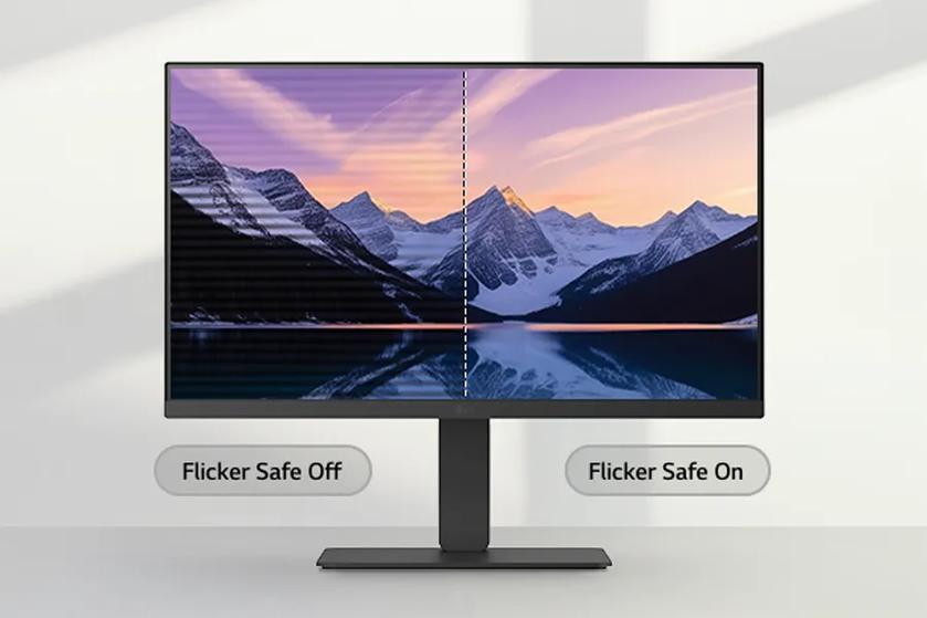 LG Monitor showing a nature scene. The left side is labeled Flicker Safe Off with dark lines over the image to represent screen flickering. The right side is labeled Flicker Safe On and is clear and easy to view.