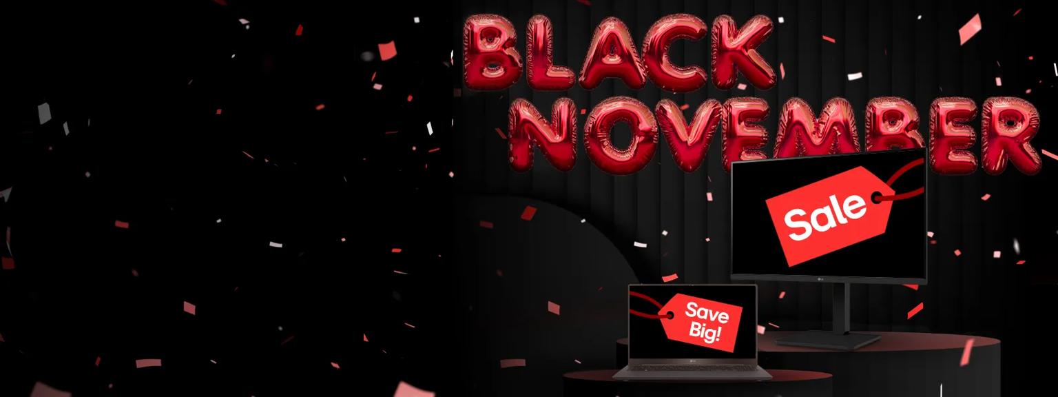 Red balloons shaped like letters spell out 'Black November' on a dark background. Beneath them is an LG monitor and LG gram laptop, with red sales tags on their screens. One tag reads Sale and the other reads Save big! Confetti falls around the scene.