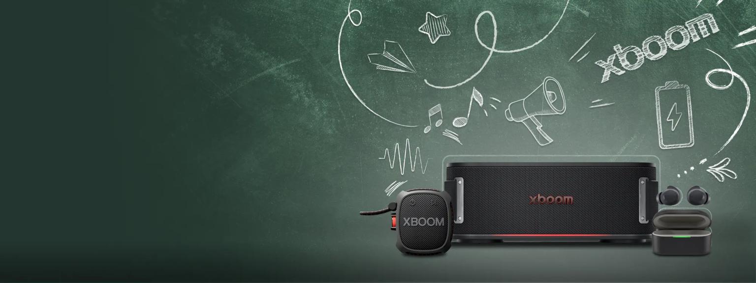 LG xboom speaker lineup against a chalkboard background.