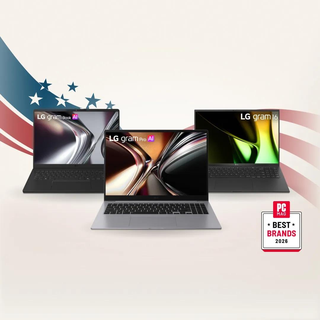 “4th of July Savings Event” title badge. A group of LG laptops on a stars and stripes background. “PC MAG best brands” badge. “LG + America250: Proud Partner of America250” badge.