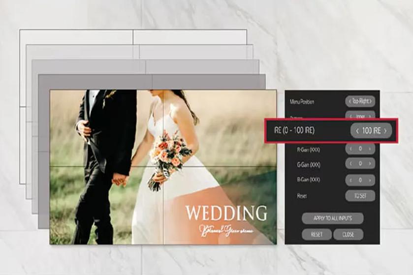 The image shows a composite of multiple layered frames with a central main image depicting a couple holding hands, where only their torsos are visible. The man is dressed in a formal black suit, while the woman wears a white wedding dress and carries a bouquet of pink and white flowers. The background is a blurred outdoor setting with green and brown tones. Overlaying elements on the right side include a dark vertical panel displaying multiple control settings, which is labeled with a framed section showing "RE (0 - 100 RE)", indicating a set of adjustable parameters.