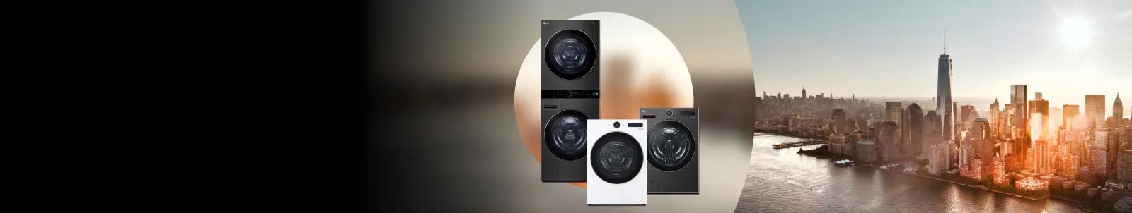 A lineup of LG's single unit laundry solutions. An aerial shot of the New York City skyline.