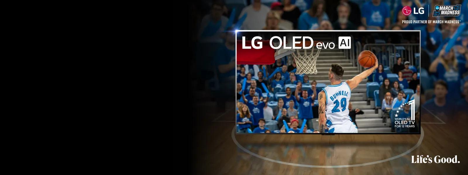 LG OLED evo AI TV with basketball player dunking a ball.