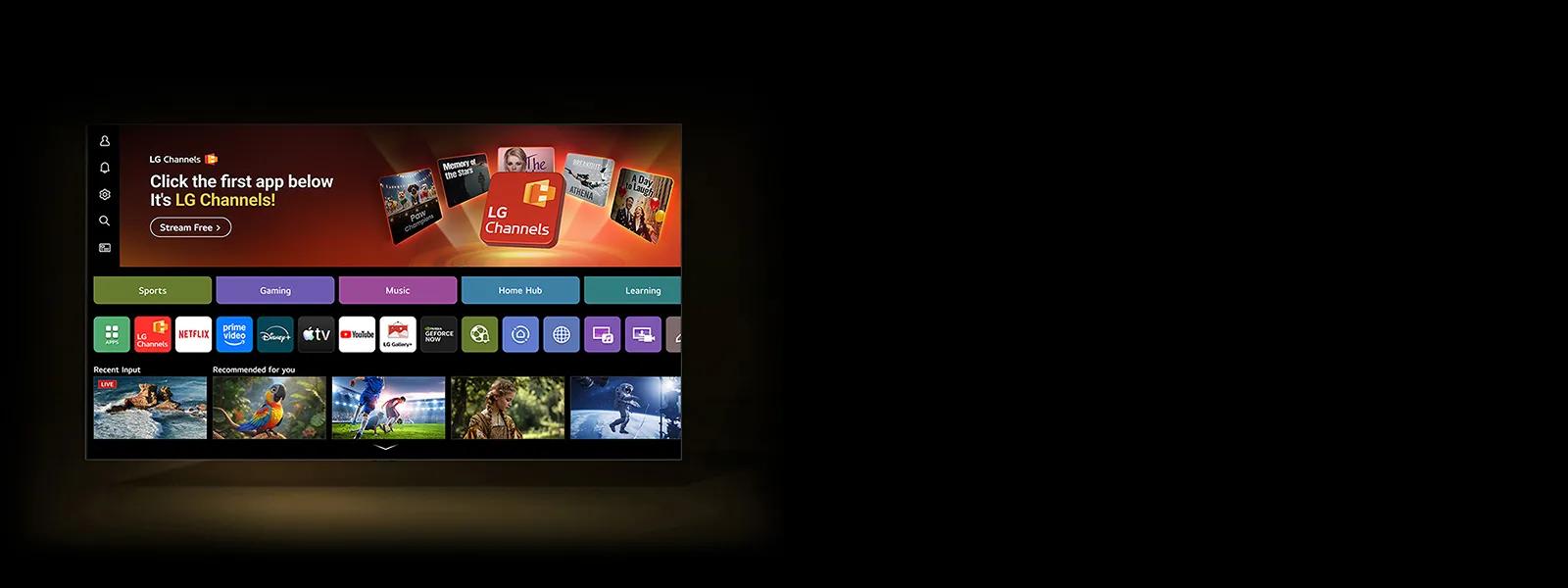 LG Smart TV home screen with webOS interface, highlighting LG Channels, app rows, and personalized recommendations.