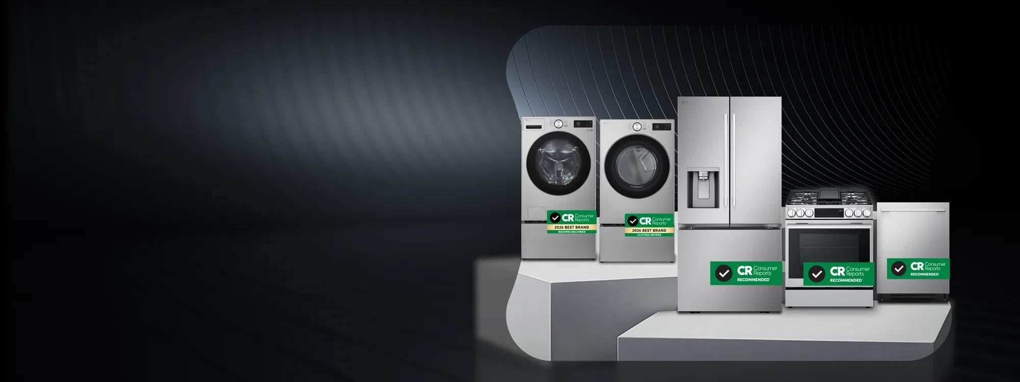 LG washer, dryer, French door refrigerator, range, and dishwasher displayed on tiered platforms against a dark background, with Consumer Reports 2026 Best Brand Washing Machines badge on the washer, Consumer Reports 2026 Best Brand Clothes Dryers badge on the dryer, and Consumer Reports Recommended badges on the refrigerator, range, and dishwasher.