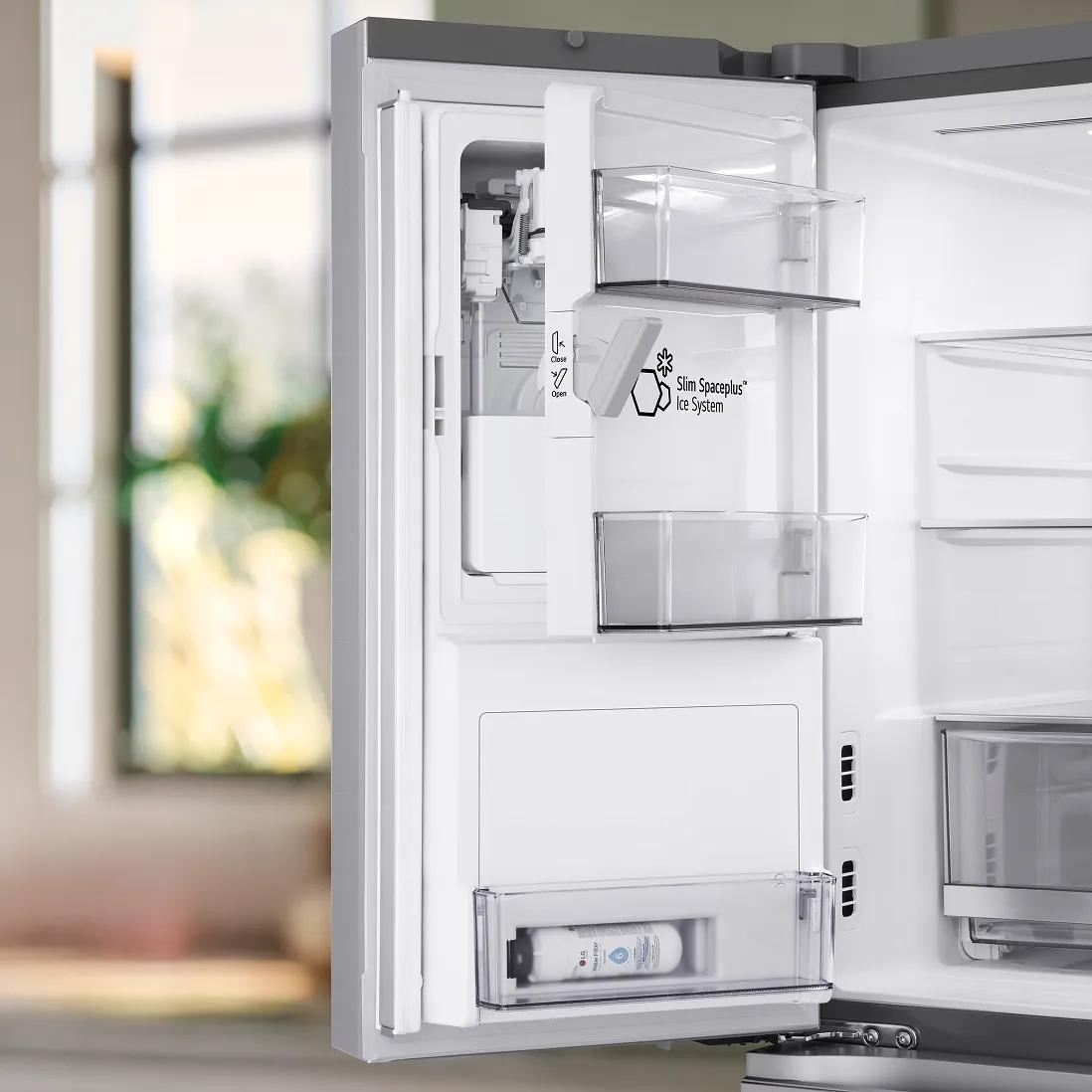 Inside view of LG 4-door French door refrigerator showing the left door bin and Slim SpacePlus<sup>&trade;</sup> Ice System for extra shelf space.