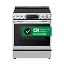 LG smart induction range with knob controls, in stainless steel. Next to it is the Consumer Reports badge that says, "Consumer Reports recommended."
