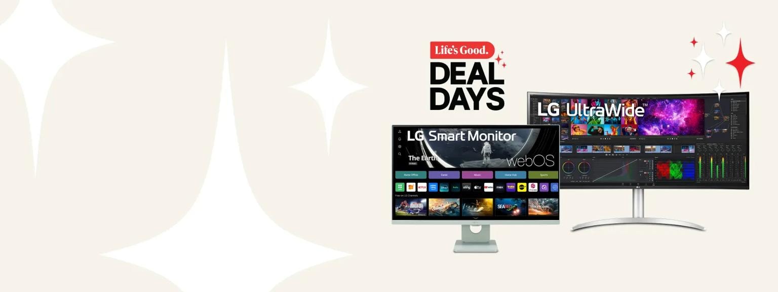 “Life’s Good Deal Days” title badge. A group of LG monitors appear on a tan background.
