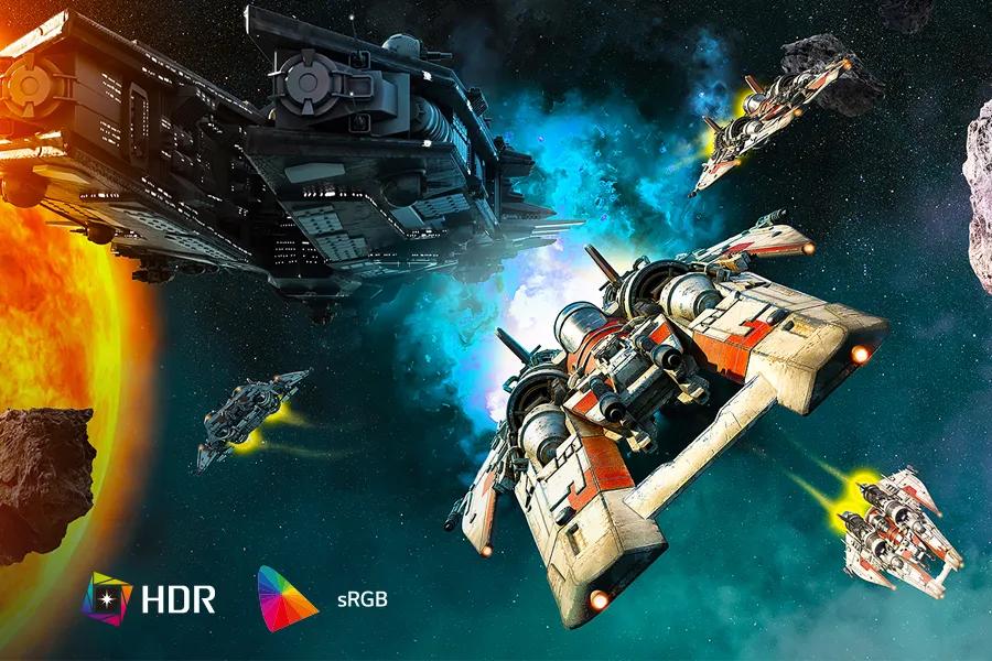 LG 32G403B-B UltraGear Monitor with HDR10 and sRGB color support displaying vibrant space battle scene