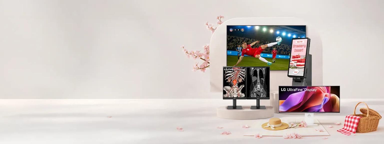 Minimalist picnic scene featuring warm beige pedestals with LG on them