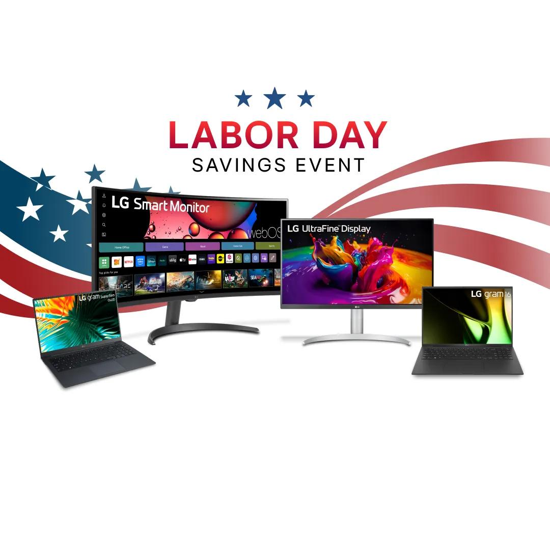 “Labor Day Savings Event” title badge. Various LG laptops and monitors appear on a stars and stripes background. 