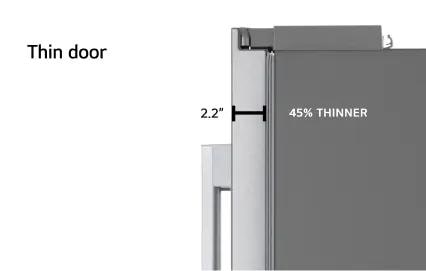 Infographic showing the thinness of the refrigerator door with a measurement of 2.2 inches, 45% thinner.