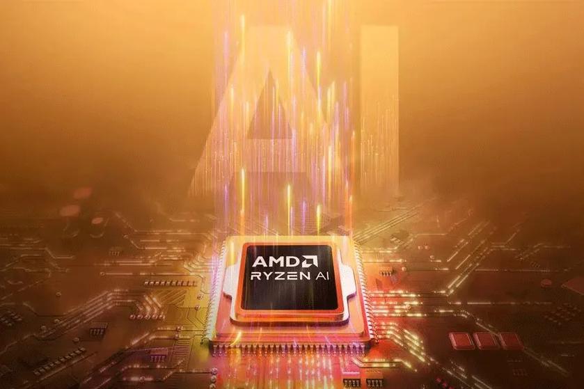 AMD Ryzen chip on a futuristic golden background, with text reading AI above it