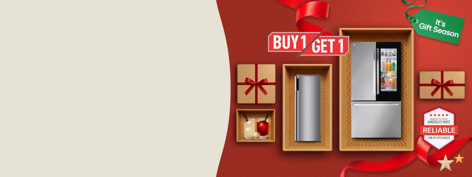 “It’s Gift Season” tag. An LG French Door fridge, Single Door fridge, and Craft Ice cocktail appear on a gift box collage layout. “America’s Most Reliable Line of Home Appliances” badge.